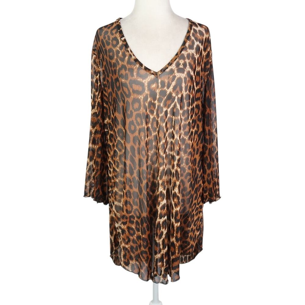 Vintage Jordan Taylor Brown Leopard Mesh Sheer V-Neck Tunic Top M
